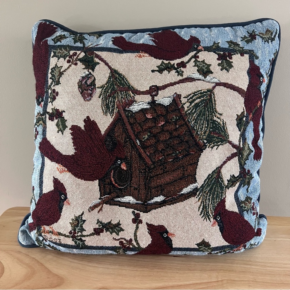 Festive Cardinal Tapestry Pillow Holly and berry, birdhouse, pine tree